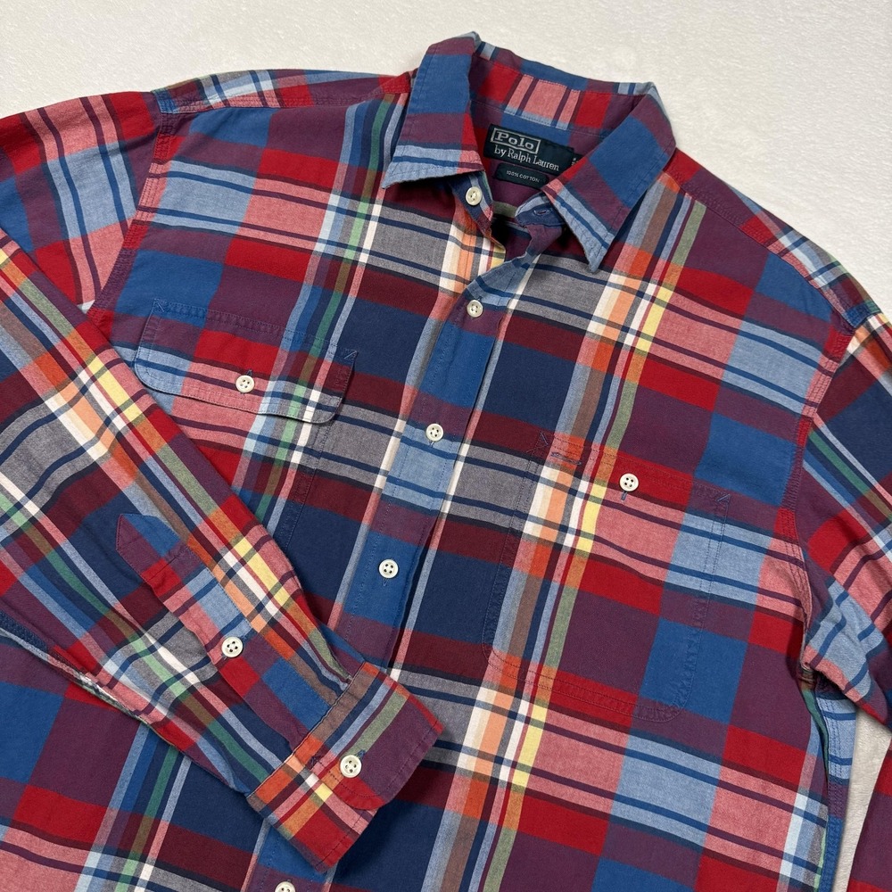 Polo Ralph Lauren Shirt Mens Medium‎ Blue Plaid Button Front Long Sleeve Pockets